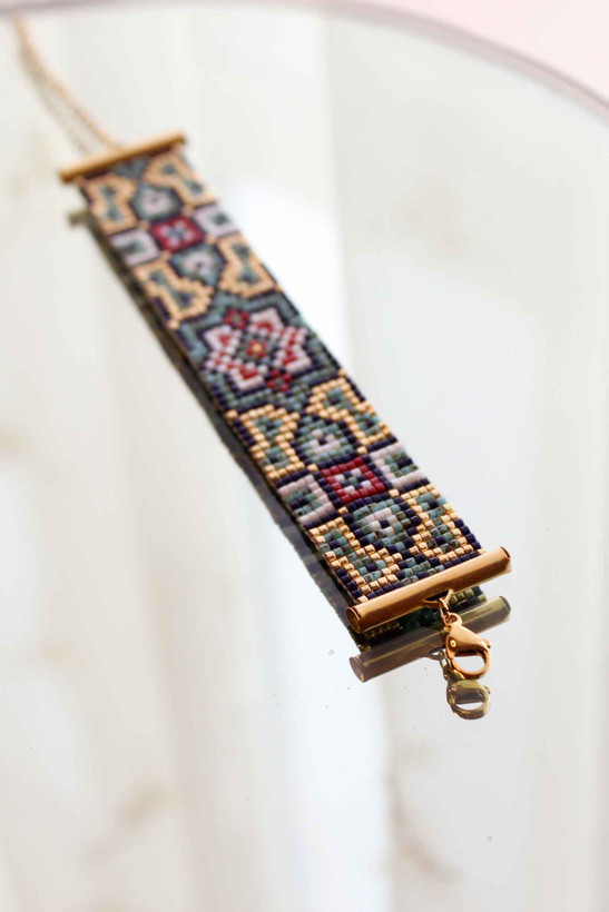 دستبند میوکی - طرح گلستان - فیروزه ای - زرشکی - طلایی