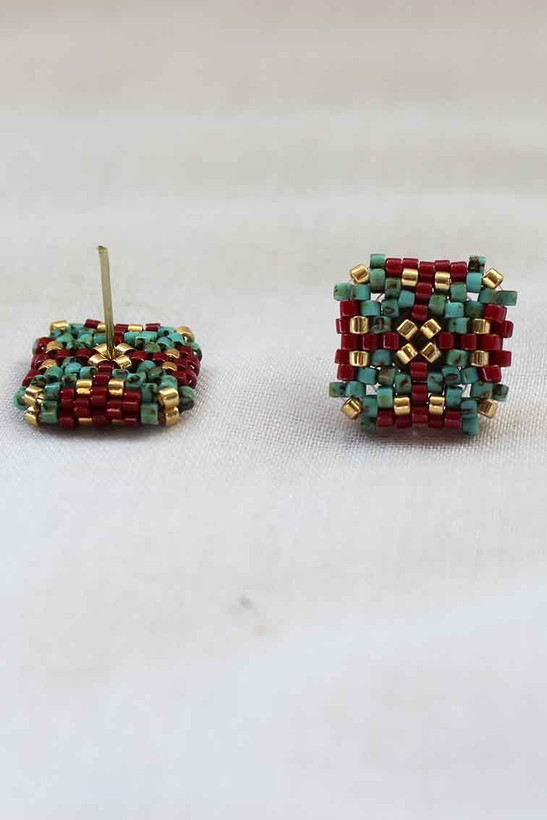 گوشواره میوکی - دولایه مربعی 1- فیروزه ای - زرشکی - طلایی