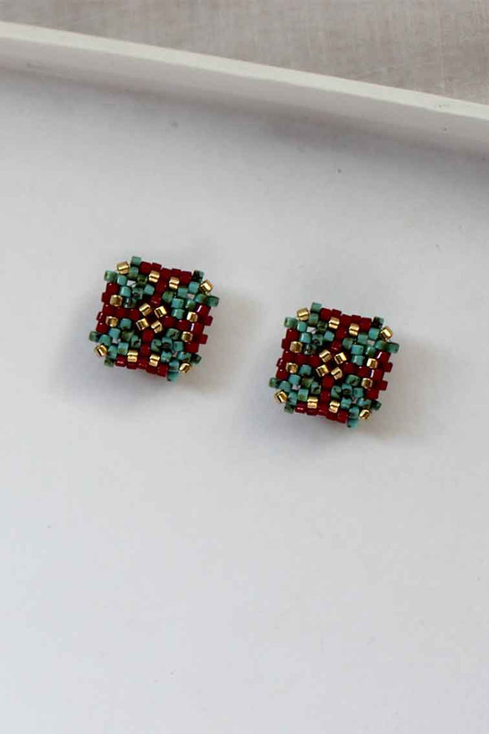 گوشواره میوکی - دولایه مربعی 1- فیروزه ای - زرشکی - طلایی