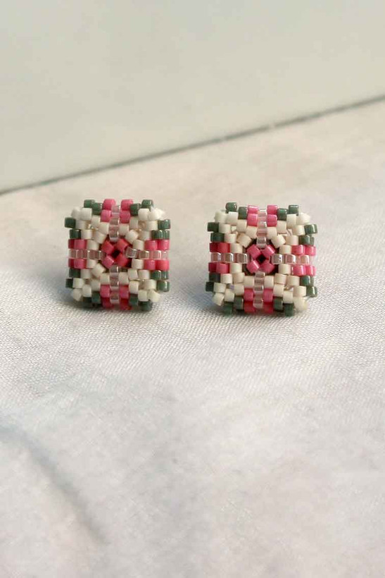 گوشواره میوکی - دولایه مربعی 3 - صورتی - سفید