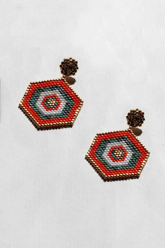 گوشواره میوکی - طرح 6 ضلعی - نارنجی - فیروزه ای - طلایی - سفید