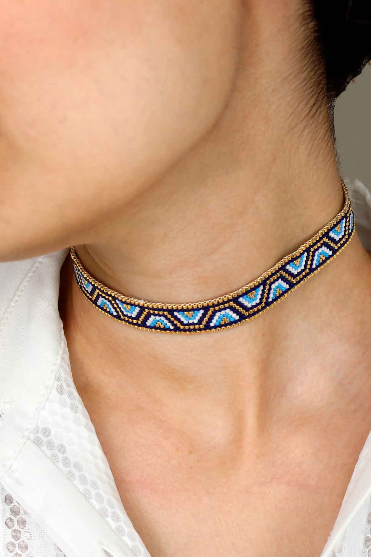 گردنبند چوکری میوکی - طرح چشم نظر - طلایی - سورمه‌ای - سفید - فیروزه‌ای