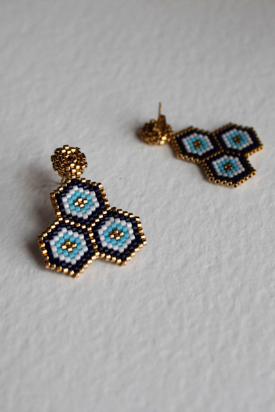 گوشواره میوکی - طرح چشم نظر - طلایی - سورمهای - سفید - فیروزهای