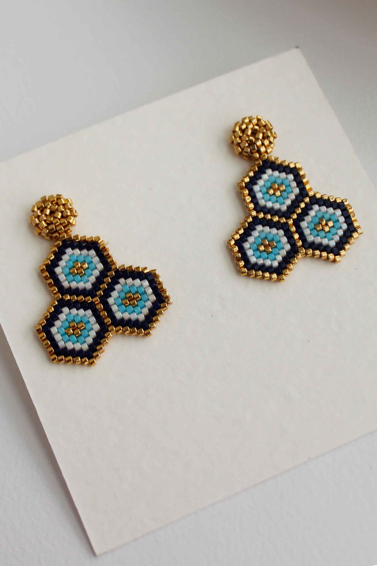 گوشواره میوکی - طرح چشم نظر - طلایی - سورمهای - سفید - فیروزهای