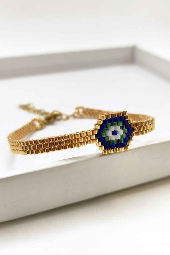 دستبند میوکی - طرح چشم نظر - طلایی - سورمهای - سفید - فیروزهای