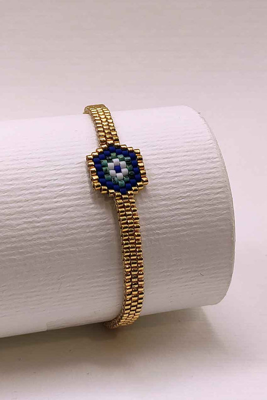 دستبند میوکی - طرح چشم نظر - طلایی - سورمهای - سفید - فیروزهای