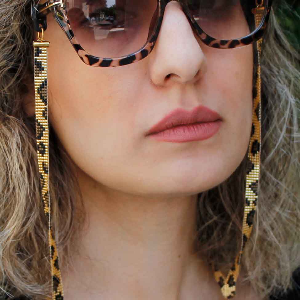 بند عینک میوکی - طرح پلنگی - طلایی - برنز - مشکی